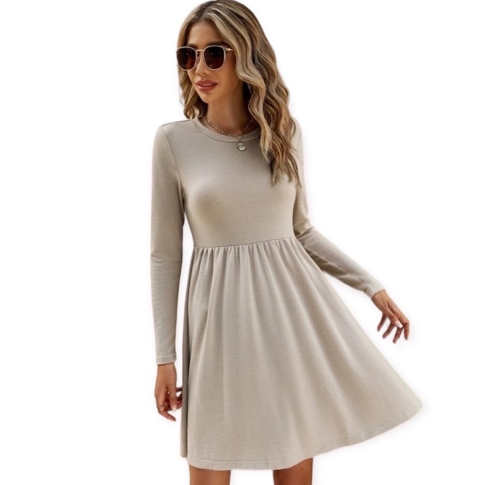 NWT Emery Rose Tan Long Sleeve Solid A-Line Dress size women’s large 8 / 10